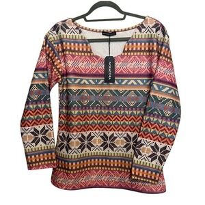 Noracora Womens Fair Isle Geometric Print Long Sleeve Top Multicolor Size S NEW